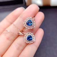 new silver rose gold london blue topaz jewelry set for women inlaid diamond gemstone ocean heart pendant choker ring necklace