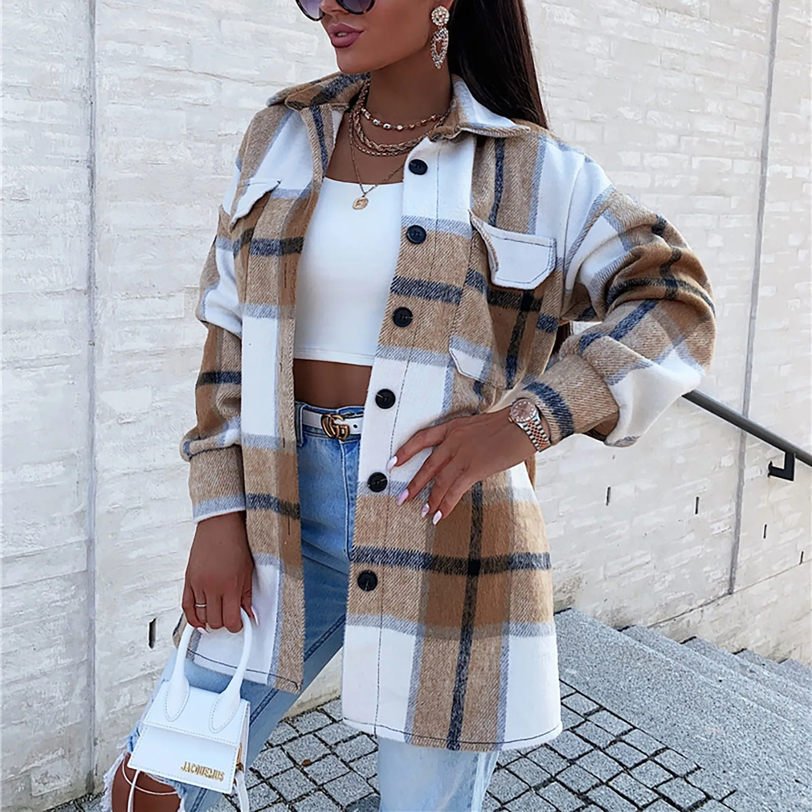 

Модная женская повседневная шерстяная куртка с длинным рукавом и отложным воротником, свободная клетчатая куртка на пуговицах с карманами,...