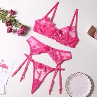 floral embroidery bras set sexy lingerie women thin push up bra bragartersthong 3 piece set see through pink underwear