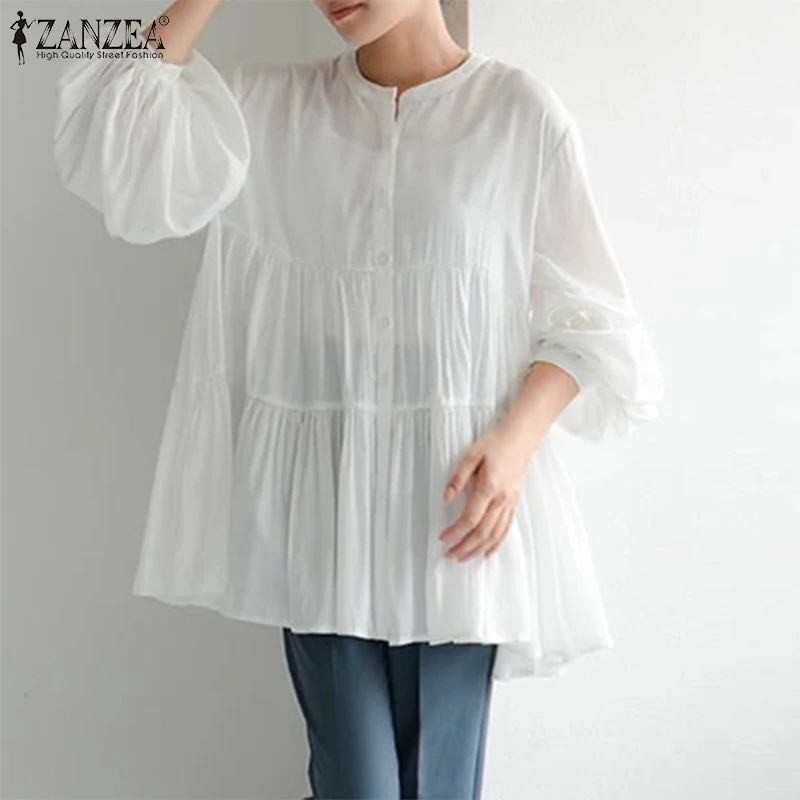 

Female Casual OL Chemise Women Elegant Solid Ruffle Blouse 2022 Autumn Oversized Swing Tops ZANZEA Fashion O Neck Pleated Blusas
