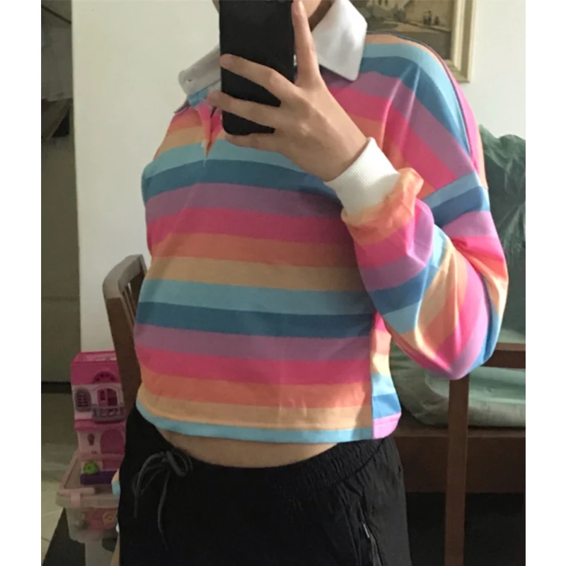 

Fashion Women Tops 2021 Spring Cute Rainbow Striped Print Hoodies Long Sleeve Loose Crop Top Sweatshirt Casual Harajuku Clothes