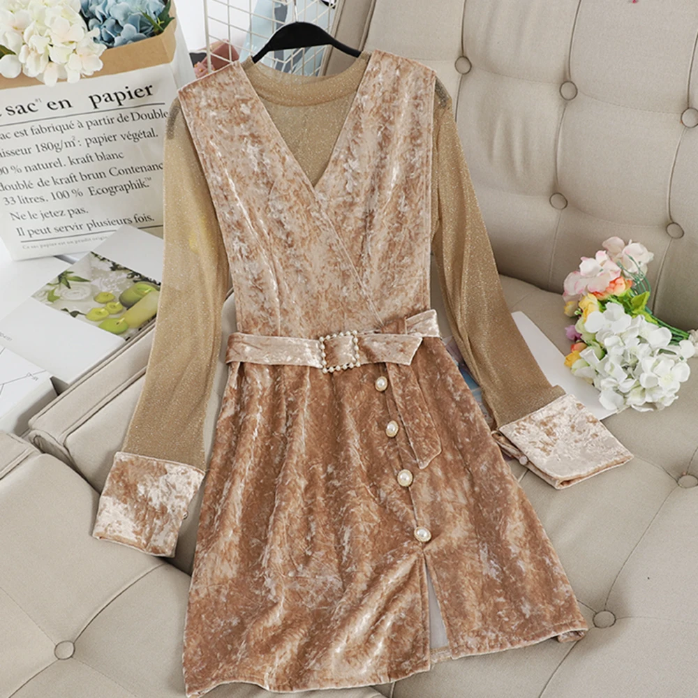 SINGRAIN женское велюровое платье с бусинами + блестящая прозрачная сетчатая блуза