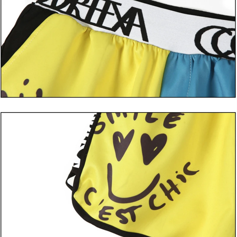 

Summer shorts women oversized hip hop hot shorts femme cartoon smiley face print hotpants patchwork lady Streetwear booty shorts