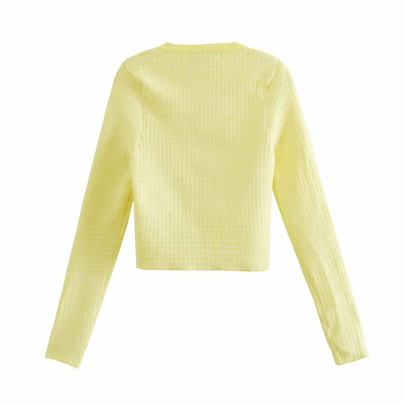 

XEASY Spring Women Short Knitted Cardigan Plaid Jacket O-Neck Knitted Sweaters Long Sleeve Single Breasted Knit Thin Cardigan