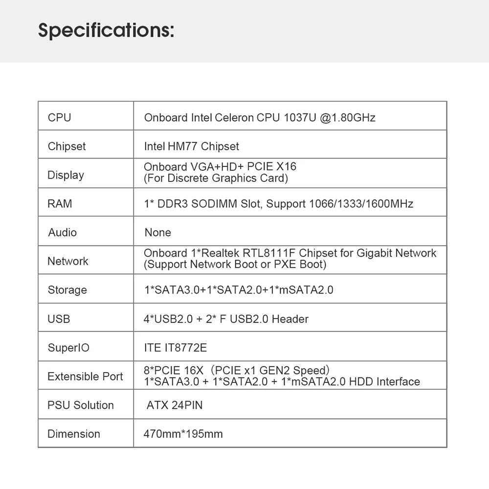 BTC-T37 материнская плата на борту Intel Celeron 1037U CPU 8 PCI-E 16X Слоты гигабитная сеть VGA + HD