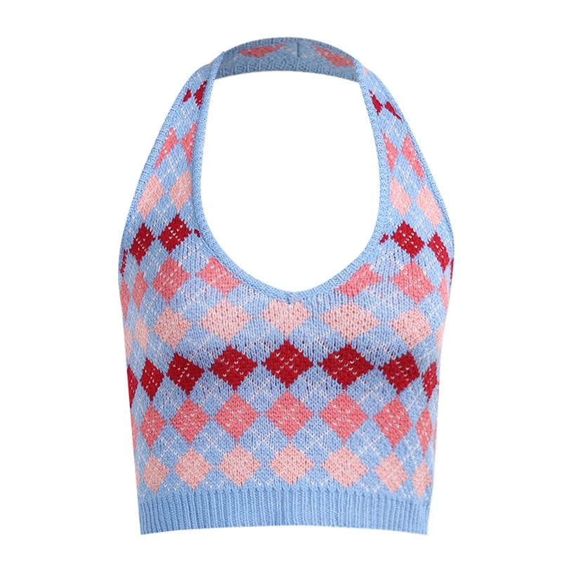 

Beyouare Knit V Neck Halter Panelled Crop Top Sexy Women's Backless Slim Skinny Tank 2021 Summer Elegant Casual Streetwear Camis