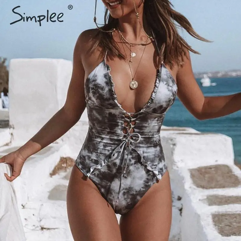 Simplee женский купальник с рюшами цельный шикарный на шнуровке ремешок принтом пуш