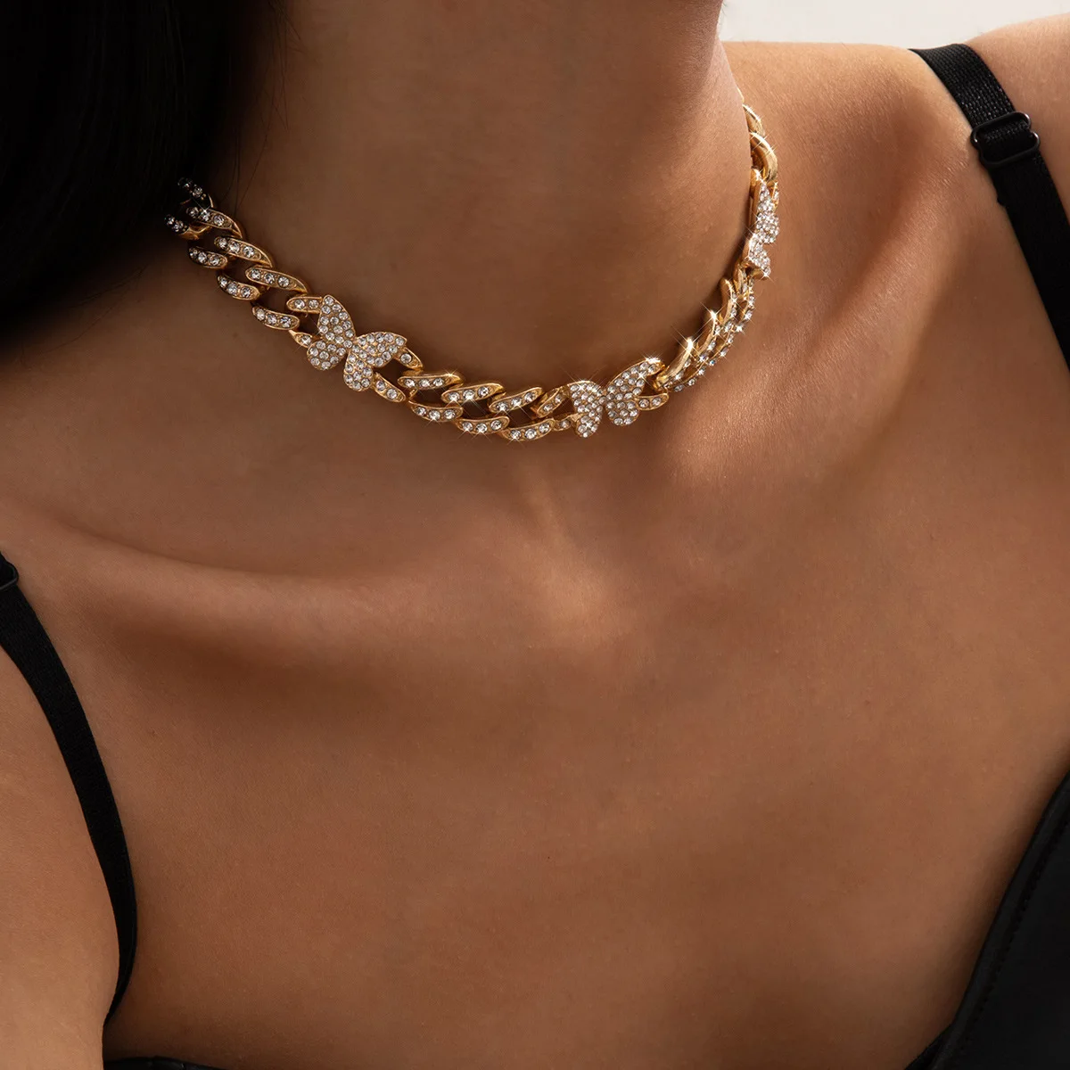 

Hip Hop Jewelry Iced Out Cuban Chain Butterfly Necklace For Women Choker Collares Para Mujer Colar Aesthetic Femme Streetwear