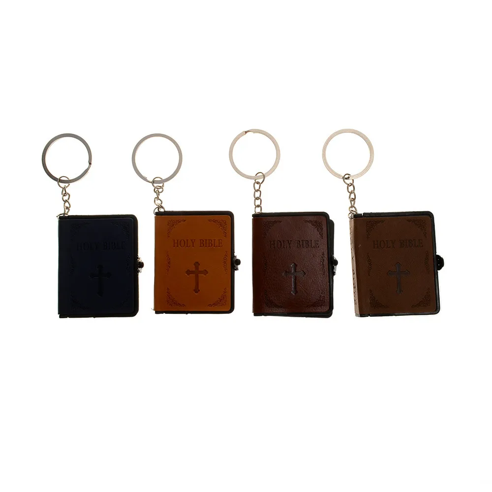 

Mini Pu Leather Keychains Religious Christian Jesus Cross Keyrings English Bible Small Pendant Key Accessorie Jewelry Gift