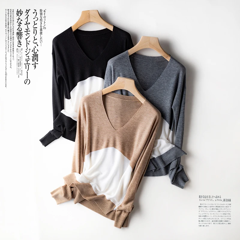 

Spring 2021 new women's V-neck long-sleeved worsted cashmere sweater color-block pullover