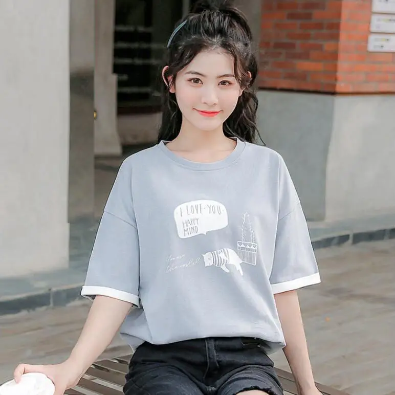 

Новинка лета 2021, стильная футболка из чистого хлопка, Женская Корейская Свободная белая блузка с коротким рукавом и принтом для студентов