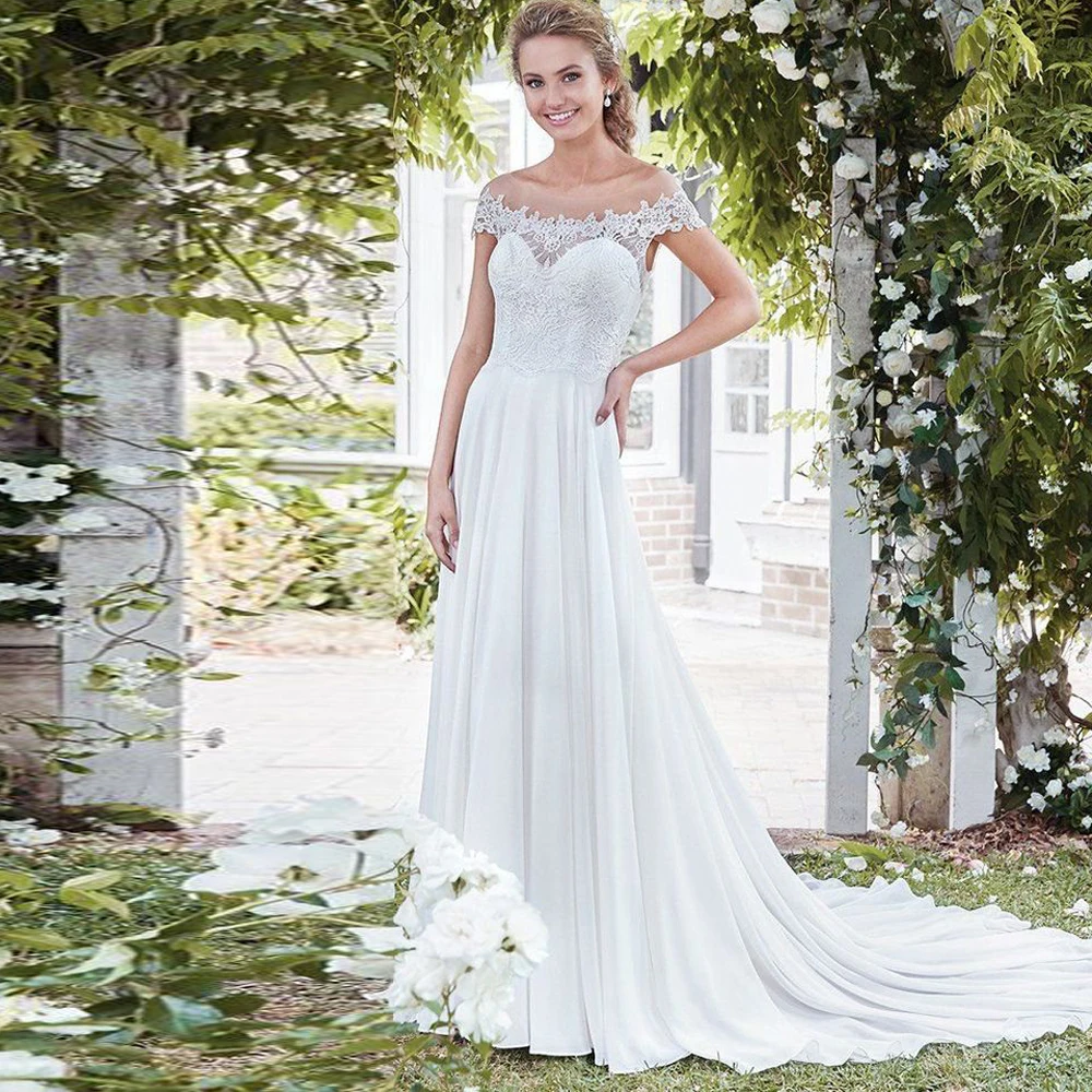 

Sexy Wedding Dresses Chffion Appliques Pleat Scoop Short Sleeve Zipper A-Line Bridal Gowns Novia Do 2021 New Party