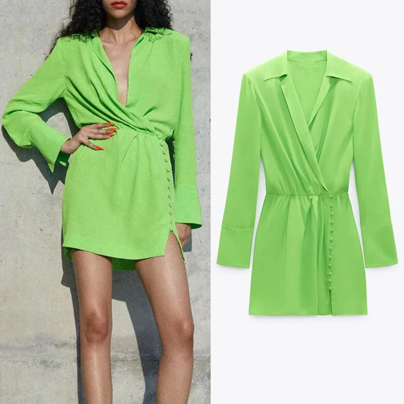

Женское Короткое платье-рубашка на пуговицах Za, зеленое элегантное мини-платье с запахом и длинным рукавом, лето 2021