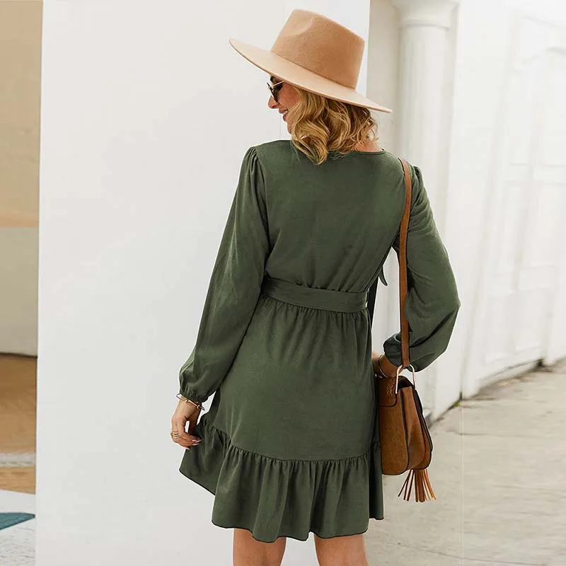 

Fashion Ladies Dress Women Autumn Long-sleeve Solid Color Lace-up V-neck Ruched Dresses WL150