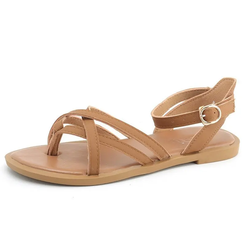 

2021 Year Summer Fashion Comfortable Women's Sandals Shallow Mouth Buckle Solid Color Casual Flat Sandals Outdoor Beach Sandals