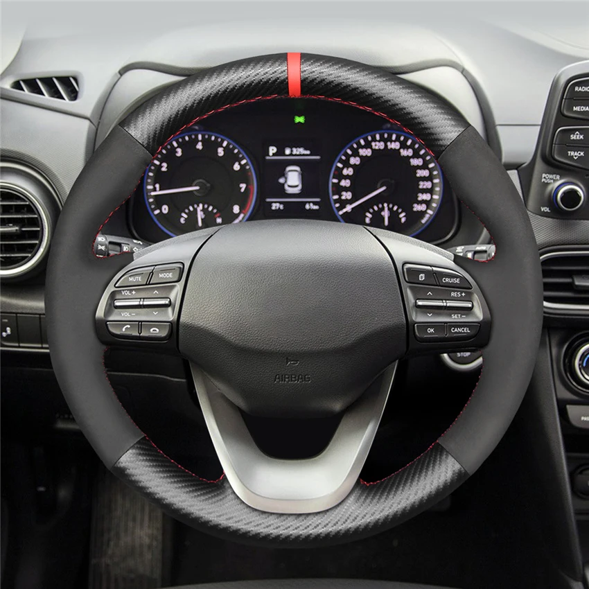 LQTENLEO Black Carbon Fiber Suede Comfortable Durable Hand Sewing Car Steering Wheel Cover for Hyundai Kona 2017 2018 2019 2020 |
