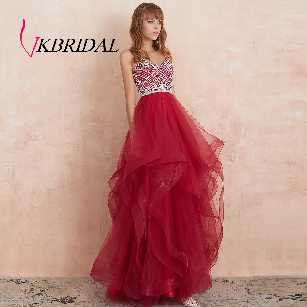 VKBRIDAL красные многоуровневые тюлевые платья для выпускного вечера новые Бальные платья с бисером и кристаллами официальное длинное вечернее платье