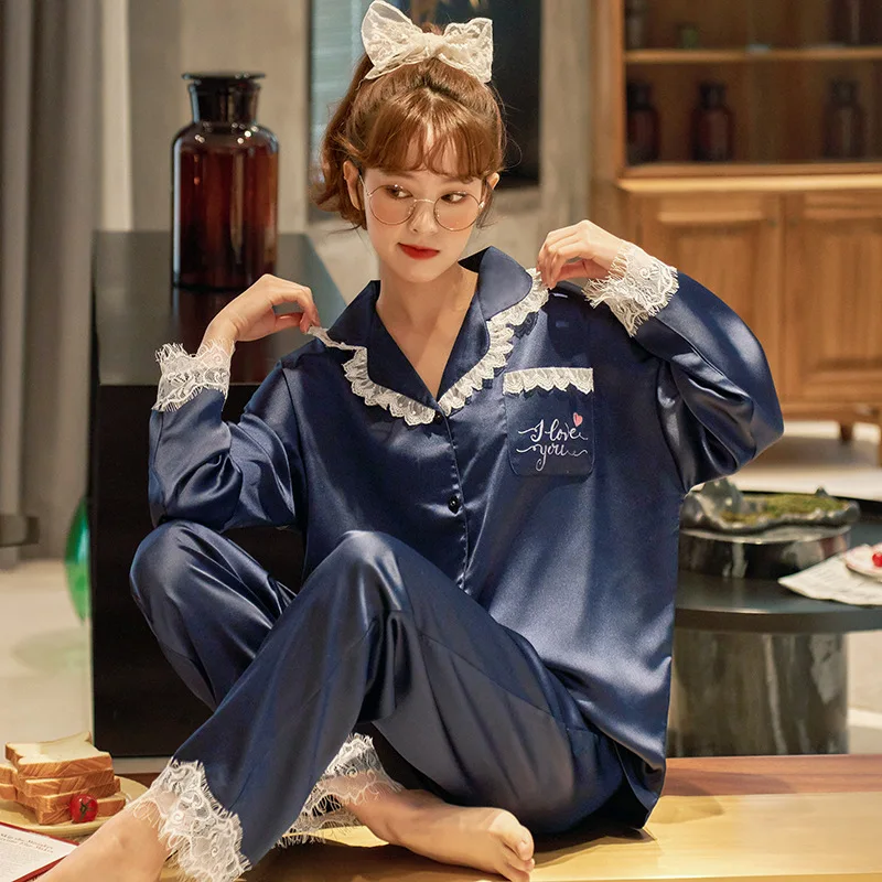 

Атласная женская одежда для дома, Весенняя Пижама, комплект женской повседневной рубашки и брюки, Женский Пижамный костюм, Повседневная Пиж...