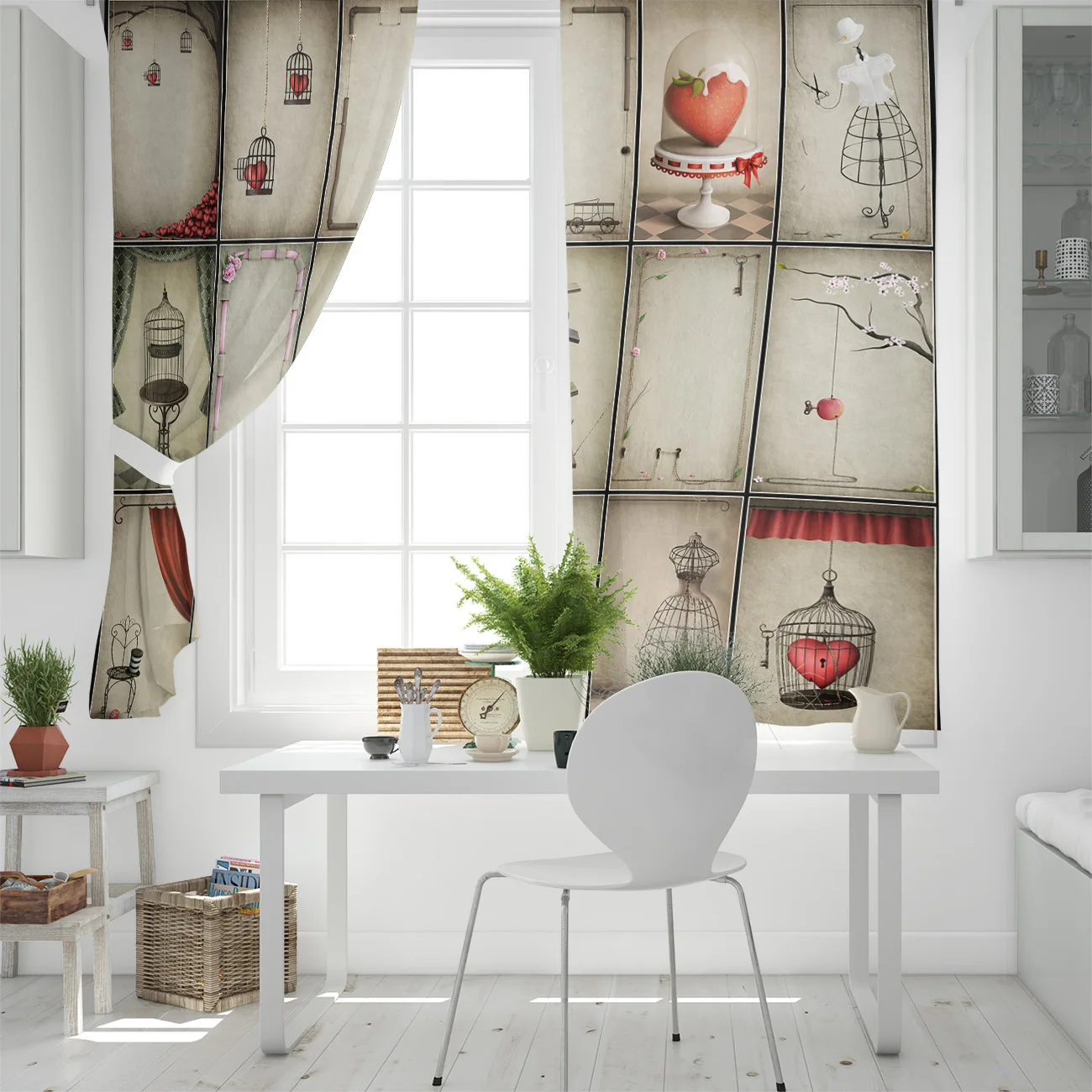 Открытка на день Святого Валентина занавески окна в форме сердца Живописные