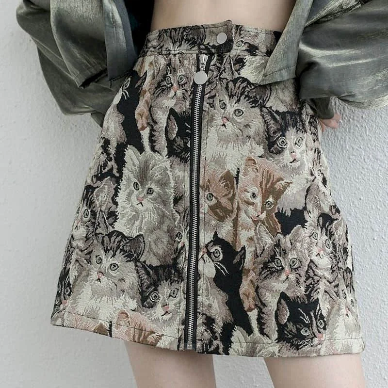 

Retro A-line skirt jacquard embroidery kawaii cat print skirt autumn winter women sweet fresh Hip skirt high waist cool dress