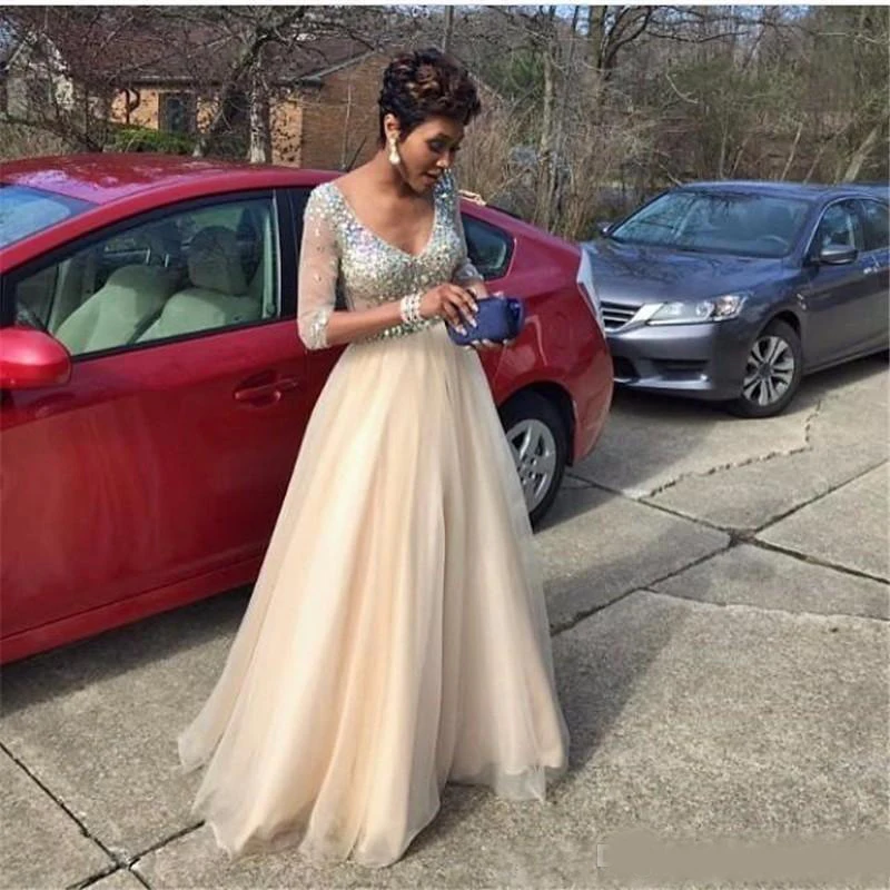 

Crystal Beaded Evening Dresses Half Sleeve V Neck A Line Tulle Formal Dress Party Gowns Cheap New Plus Size Arabic Kaftan Celebr