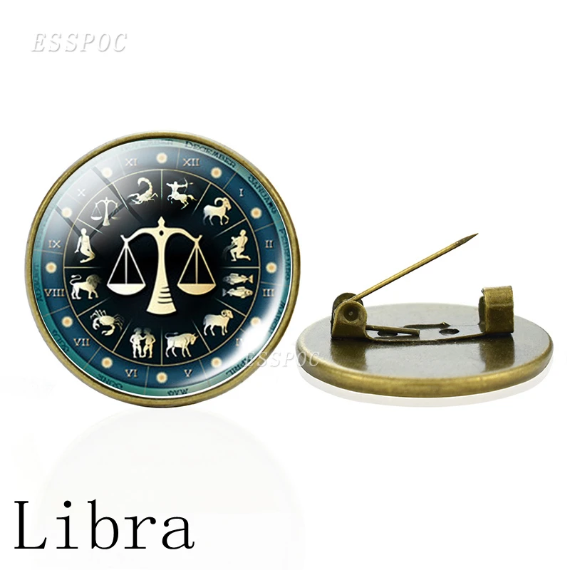 

12 Constellation Brooch Pins Zodiac Signs Glass Dome Jewelry Accessories Birthday Gift