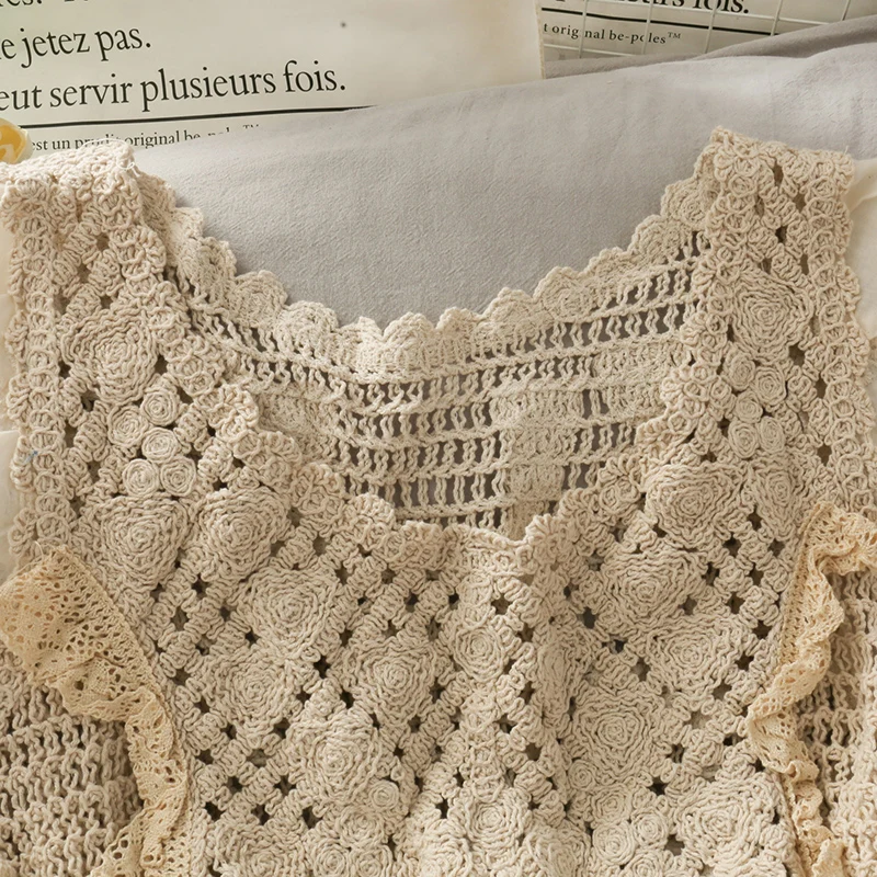 Летняя Новинка прозрачный короткий топ с вязаным крючком и цветами женская