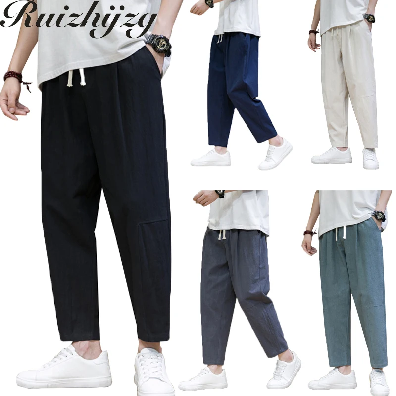 

Брюки Ruizhijzg мужские длинные с карманами, повседневные свободные штаны из хлопка и льна в японском стиле, мягкие дышащие прямые с эластичным ...