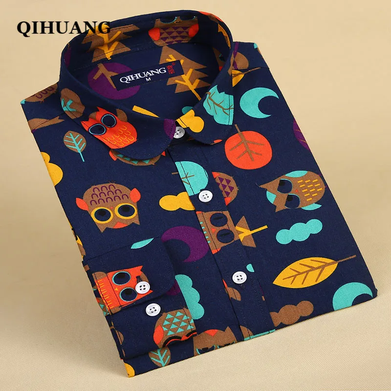 Женская блузка QIHUANG винтажная хлопковая с длинным рукавом и отложным воротником