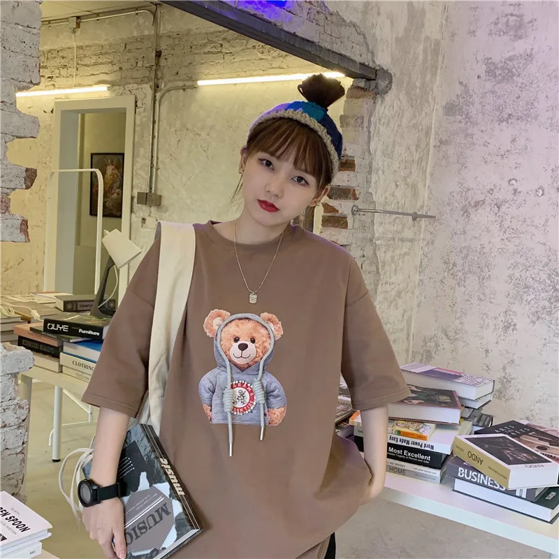 

2021 Spring New Cartoon Print Bear Nail Bead Heavy Industry Short Sleeve Female Lovely Large Size Loose Leisure Korean Version