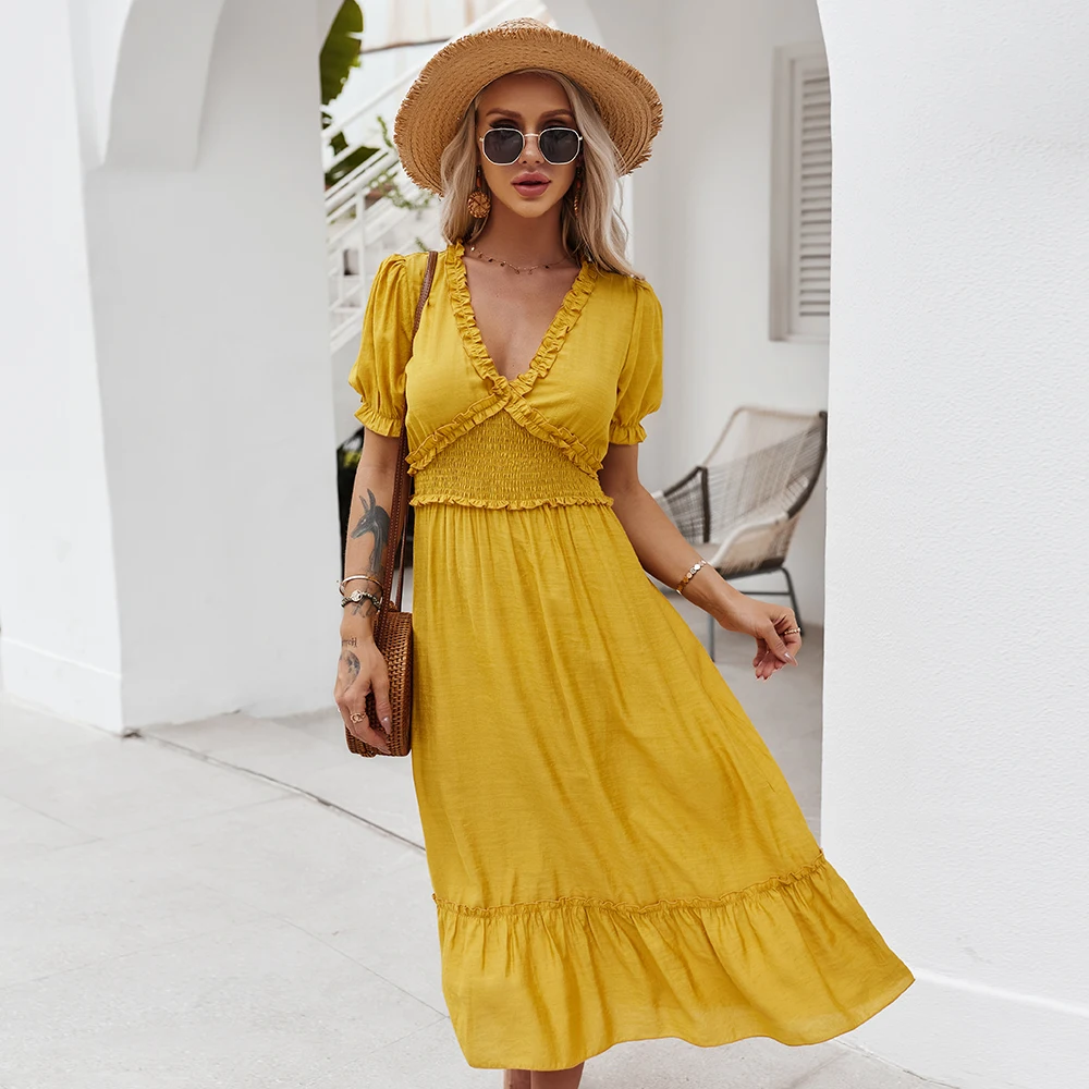 

GXDS Summer Yellow Dress for Women Solid V-Neck Polyester Female Clothes Elegant Fashion Short Sleeve Mid-Calf Long Dresses 2021