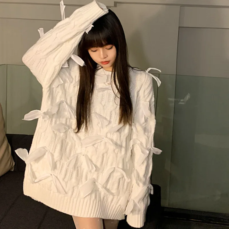 

Sweet Pullovers Loose Autumn Winter Thickened Pull Femme Diamond Bow Christmas And New Year's Sweater 2021 Chic Sueters De Mujer