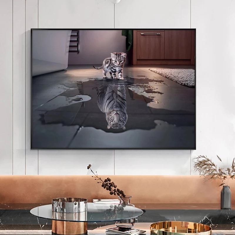 

Cartoon Animals Posters the Reflection of a Cat is Like a Tiger Wall Art Painting Prints on Canvas Pictures Home Kids Room Decor