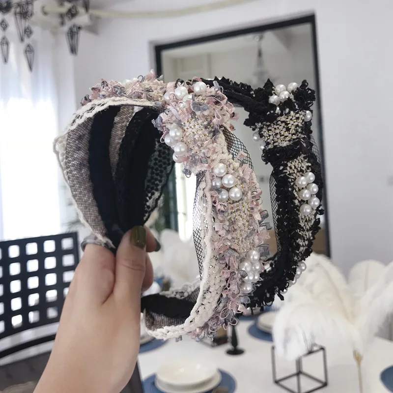 Богемный винтажный Клетчатый Ремень для волос с жемчужинами ободок аксессуары |