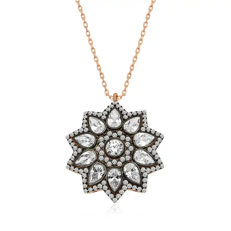 

Real Silver 925 Jewelry Silver Flower Pattern Diamond Montür Necklace