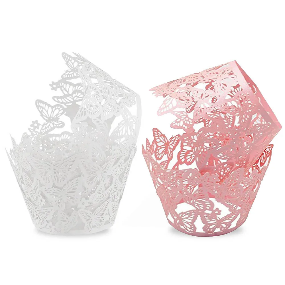 

50pcs White Pink Laser Cut Butterfly Cupcake Wrapper Wedding Gift Box Baby Shower Birthday Party Favor Wedding Decor
