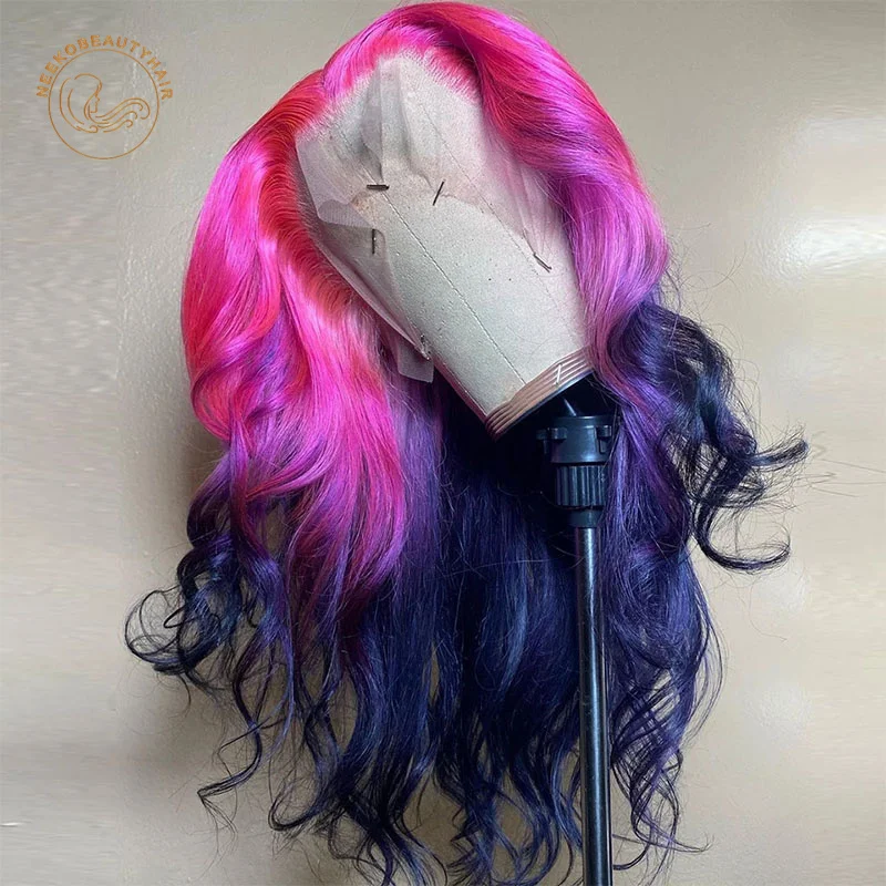 Парик из натуральных человеческих волос с эффектом омбре розовый фиолетовый