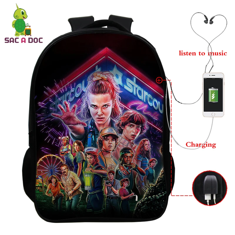 16 дюймов Рюкзак Школьная Сумка странные вещи 3d Печать Повседневный Usb зарядка