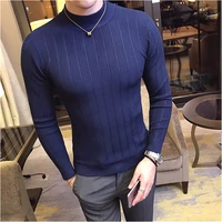 fall winter mens sweater fashion striped casual pure color pullover mens half turtleneck stretch skinny sweater slim knit tops