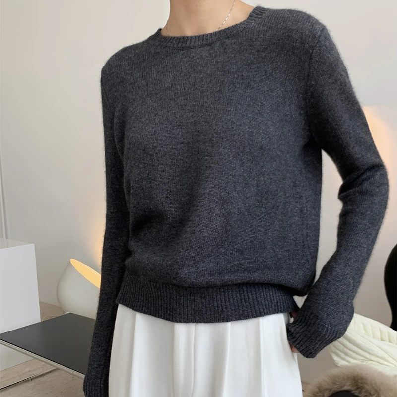 

Осенне-зимний женский свитер, повседневный однотонный свободный свитер с круглым вырезом и длинным рукавом