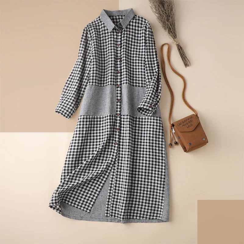 

SHUCHAN Black and White Plaid Dress Women Linen 2021 Long Sleeve Spring/Autumn Mid-Calf Dresses for Women