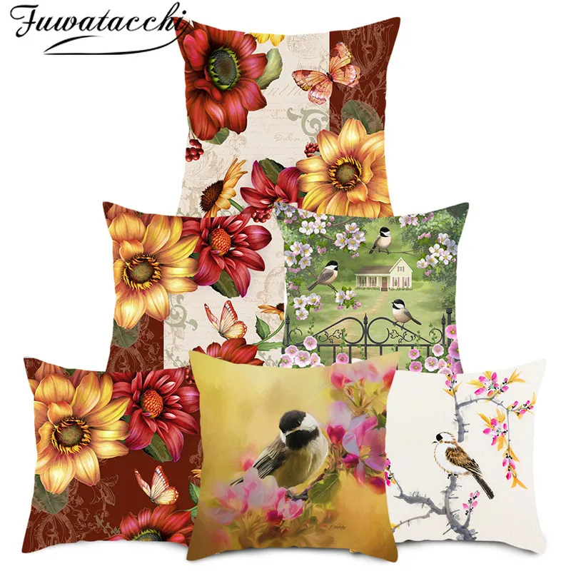 

Fuwatacchi Fiery Red Flower Cushion Cover Colorful Floral Printed Throw Pillowcase for Home Sofa Decorative Pillow Cover 45x45cm