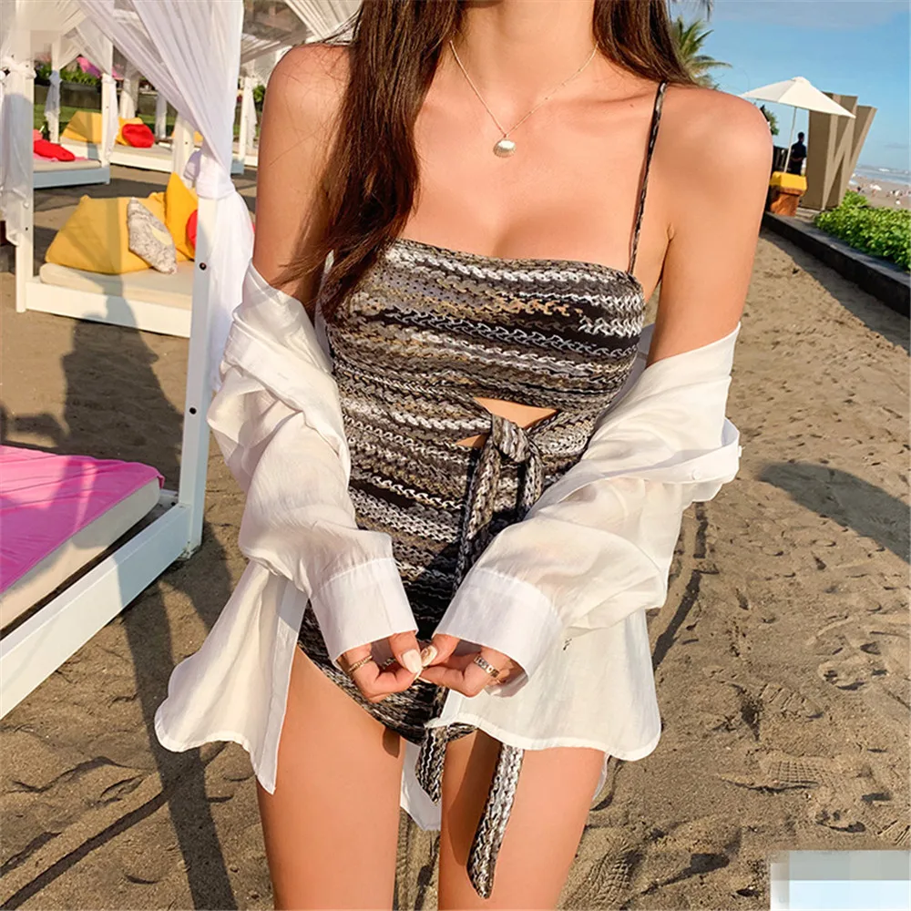 Сексуальный бандо Цельный купальник женский в полоску с принтом поясом монокини