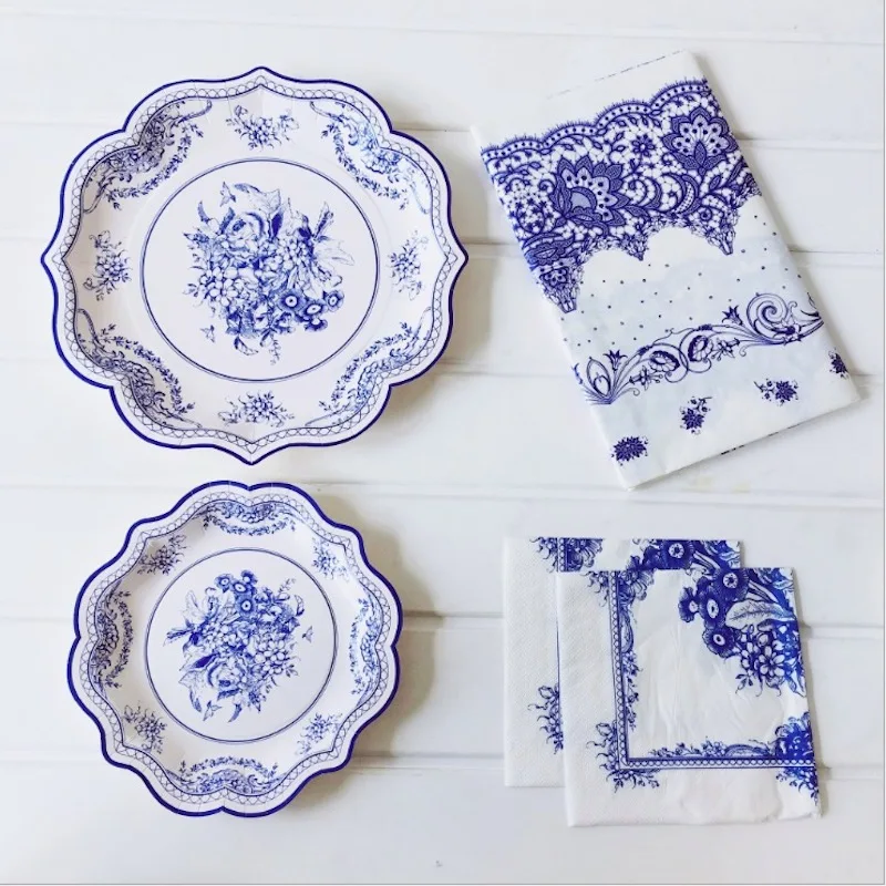Китайский Синий и белый фарфор одноразовая посуда бумажная тарелка салфетки