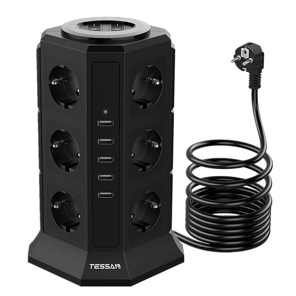 

TESSAN Multiple Socket Power Strip With 12 Outlets 5 USB Ports EU Plug Extension Socket Wtih 2M Cable Overload Protector Switch