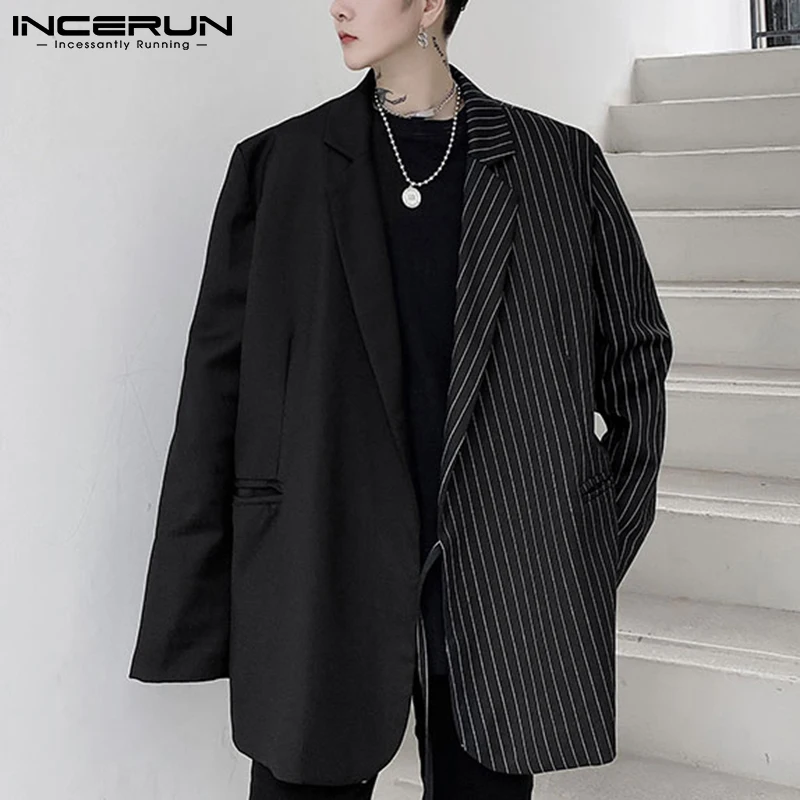 

Men Blazer Striped Patchwork Lapel Streetwear Long Sleeve Fashion Casual Suits Men Pockets Elegant 2021 Leisure Coats INCERUN