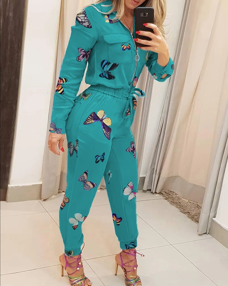 

Women Fashion Elegant Casual Workwear Party Romper Female Long Sleeve Jumpsuit Butterfly Print Zipper Pocket Design Jumsuit