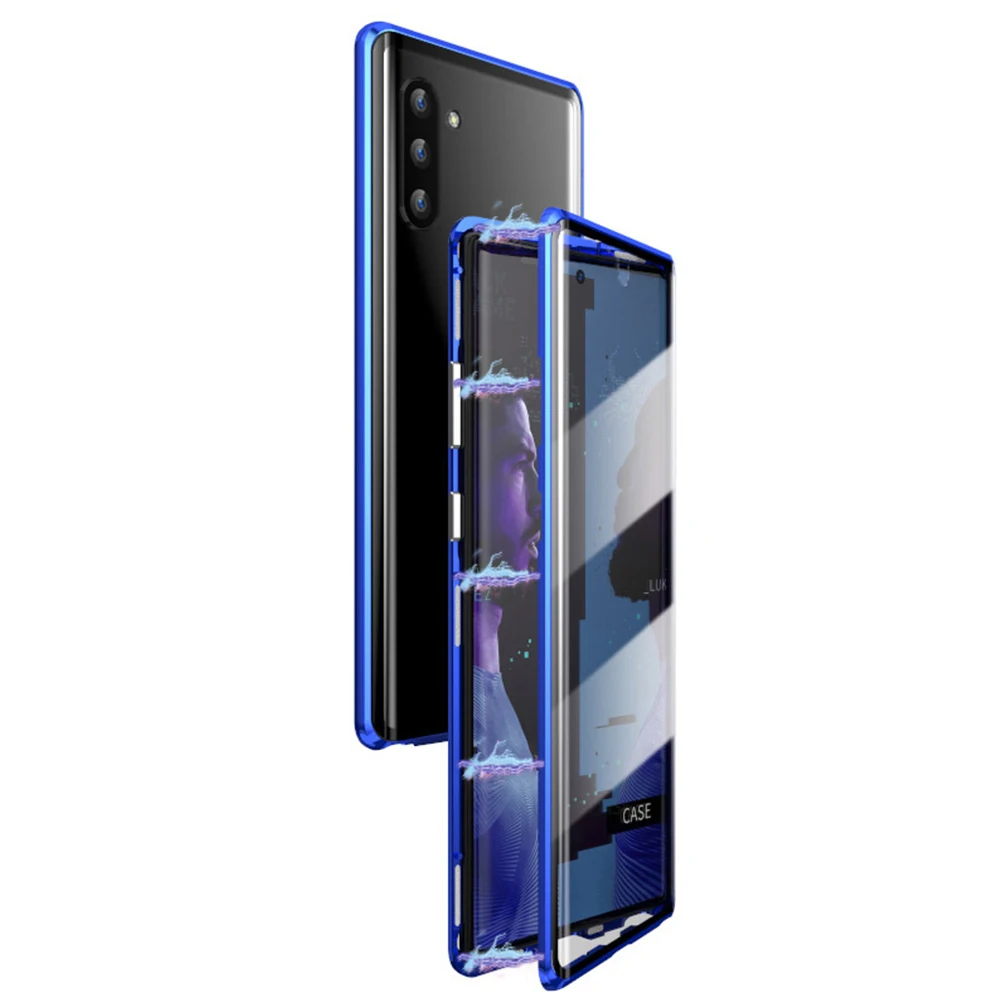 Blue Магнитный чехол из закаленного стекла для iPhone 11 Pro X XS MAX XR 7 8 Plus, магнитный металлический бампер для samsung Galaxy Note 10 Plus - Цвет: Blue