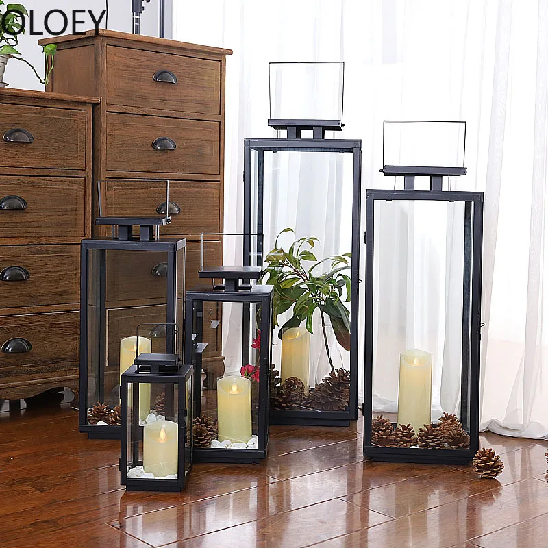 

Iron Glass Candle Holder Lantern Large Tall Metal Black Windproof Courtyard Outdoor Wind Lamp Candlestick Crystal Candle Holder