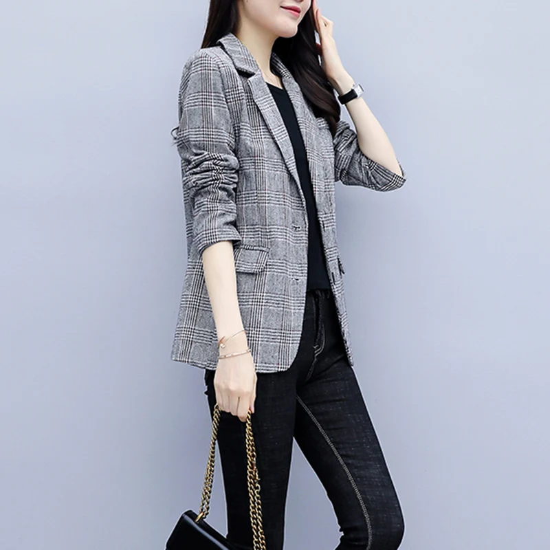 Fashion Fall Women Plaid Blazer Jackets Work Office Ladies Suit Vintage Single Breasted Pockets Business Female Blazer Coat New
